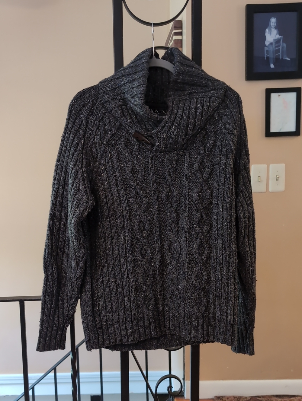 FatFace Men’s Grey Marl Cable Knit Single Toggle Shawl Collar Sweater - M